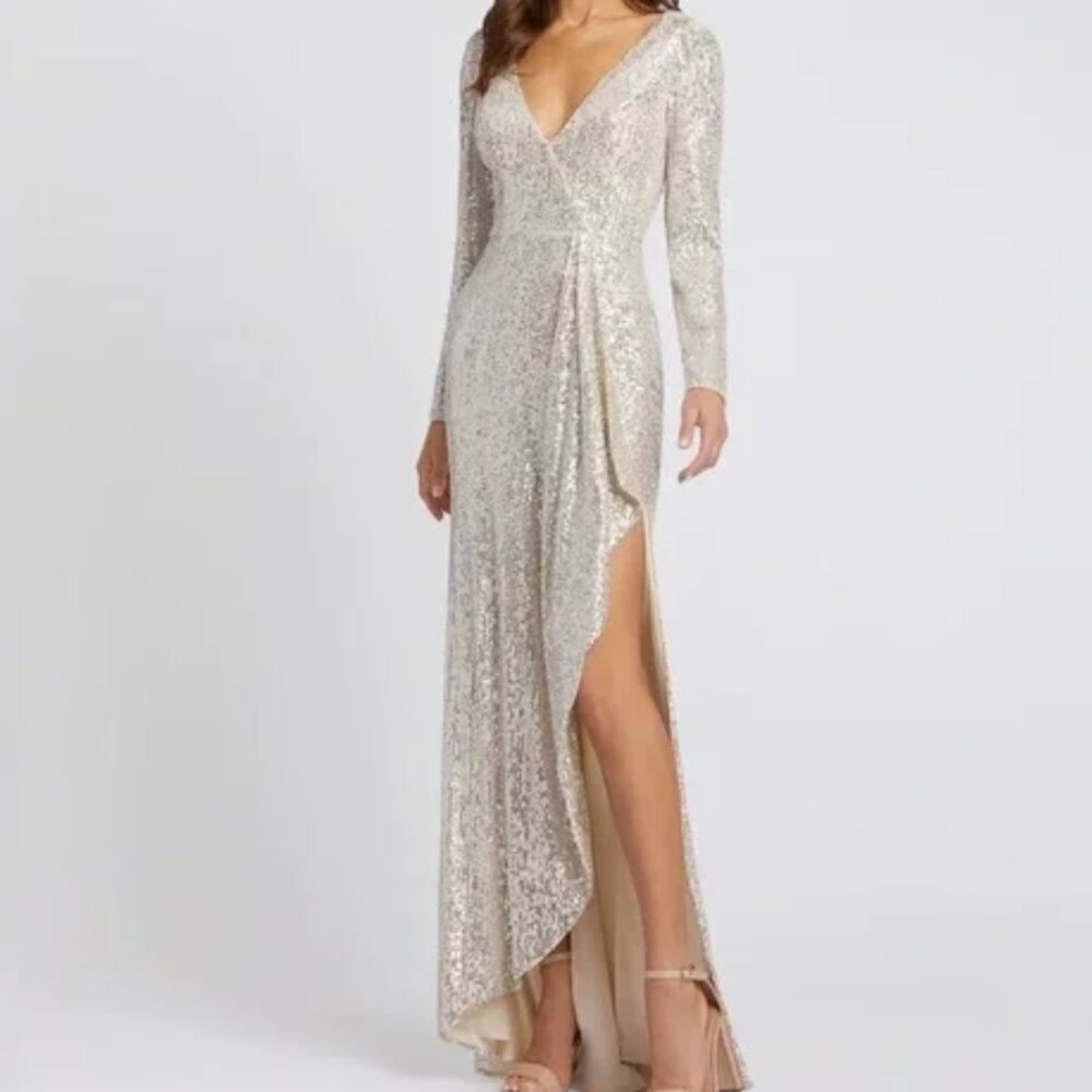 New with FLAWS Mac Duggal 26395 NWT Sequined Faux Wrap Long Sleeve Gown Size 16